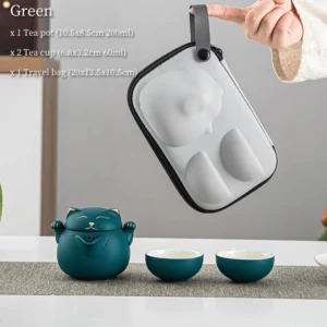 full set of white lucky cat ceramic travel tea set with carrying case opened