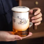 glass tea mug with ceramic tea strainer lucky cat pattern overall product view