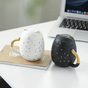 lucky cat ceramic tea mug with lid and infuser 11.8oz black variant