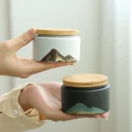 antique style hand painted mountain ceramic tea canister with bamboo lid