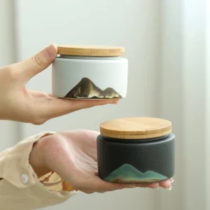 antique style hand painted mountain ceramic tea canister with bamboo lid