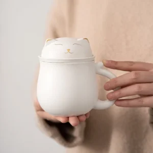matte black ceramic tea mug with cat lid and stainless steel infuser main view