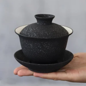 matte black speckled gaiwan 5.1oz traditional three-piece chinese tea set full view