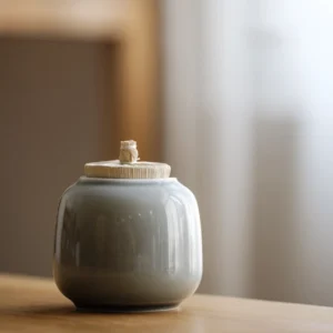 mini light gray ceramic tea canister with bamboo lid for loose tea storage
