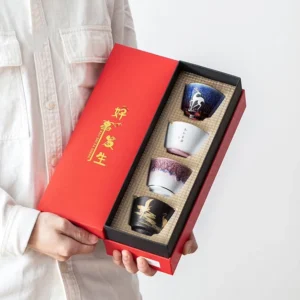 set of 4 modern chinese porcelain tea cups with unique auspicious patterns 2.5oz