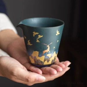 Modern Chinese Gong Dao Bei tea pitcher set with gold deer mountain nature art