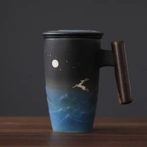 14.1oz ceramic tea mug with infuser and lid wood handle moon deer design main view