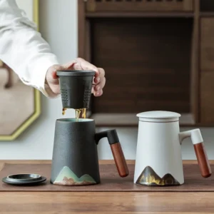 mountain ceramic tea mug with lid and infuser chinese style