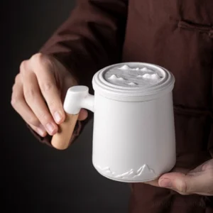 mountain relief ceramic tea infuser mug with wooden handle loose leaf tea mug