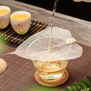 natural bodhi leaf tea strainer with wooden zen tag on display