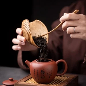 Handcrafted old bamboo root tea scoop and tea chahe set full view