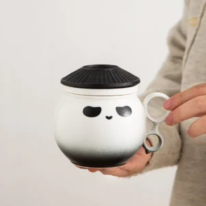 handmade ceramic panda large tea mug with infuser and lid gradient color