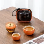 persimmon shaped portable kung fu travel tea set full view with carry bag