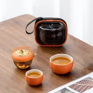 persimmon shaped portable kung fu travel tea set full view with carry bag