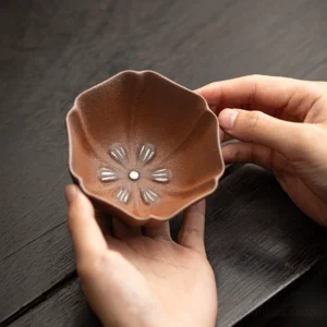 handcrafted petal-shaped warm brown chawan tea cup main view