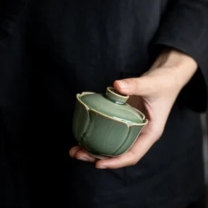 full view of petal shaped longquan celadon gaiwan tea bowl