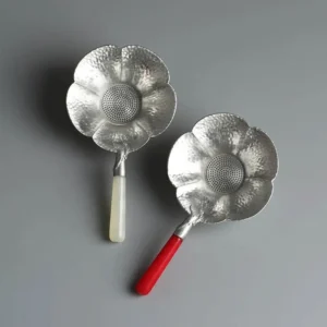 hand hammered plum blossom fine mesh tea strainer with stand whole product view