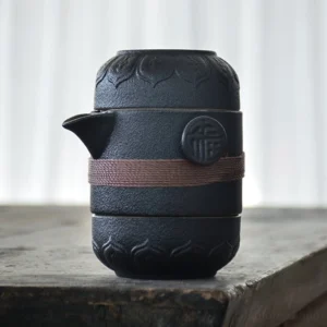 Portable black ceramic travel gongfu tea set 5.7oz with fu character carving full view