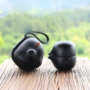 Portable black matte ceramic travel tea set with carrying case closed