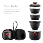 full set view of portable black ceramic travel tea set with carry bag