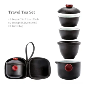 full set view of portable black ceramic travel tea set with carry bag