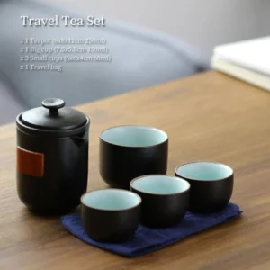 Portable black ceramic travel tea set 8.5oz with travel bag full set view