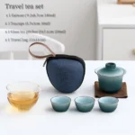 full assembled portable blue-green ceramic travel gaiwan tea set with glass pitcher