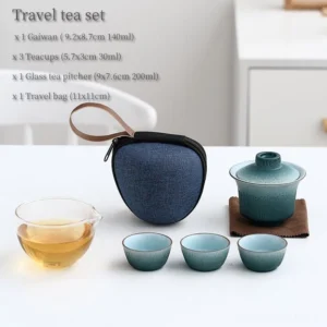 full assembled portable blue-green ceramic travel gaiwan tea set with glass pitcher