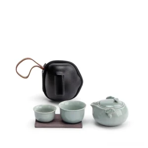 portable celadon ceramic travel tea set 3.7oz with black carrying case
