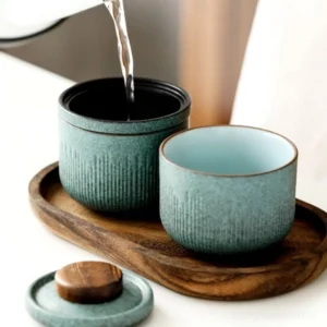 Portable celadon green ceramic travel tea set with padded carrying case full view