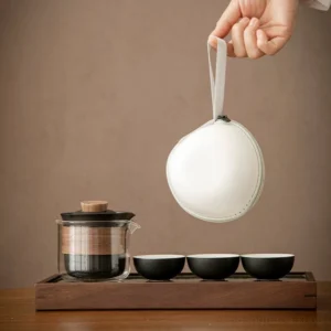 Portable ceramic glass travel tea set with carrying case full set view
