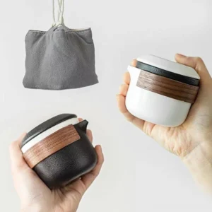 portable ceramic gongfu travel tea set with storage bag full view