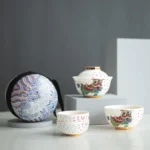full set view of lucky cat pattern portable ceramic chinese gongfu travel tea set with 3 cups and carrying case