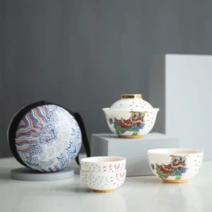 full set view of lucky cat pattern portable ceramic chinese gongfu travel tea set with 3 cups and carrying case