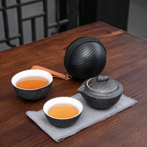 portable ceramic travel gongfu tea set with spherical carrying bag fully displayed