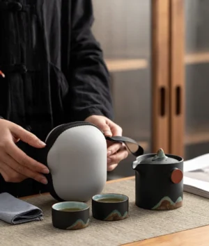 portable ceramic travel gongfu tea set with mountain pattern main product view