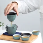 full set view of 3.9oz portable ceramic travel kung fu tea set with black hard carrying case