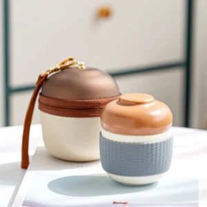 portable ceramic travel tea mug set with infuser and carrying bag full set open view