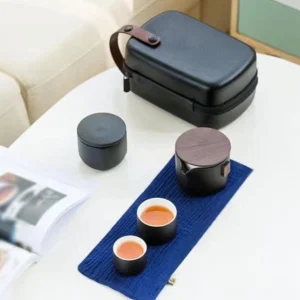 full assembled portable ceramic travel tea set with carrying case