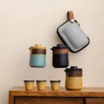 Full assembled gradient blue portable ceramic travel kung fu tea set with infuser and wood accent