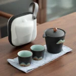 Portable ceramic travel tea set with mountain ink painting design fully expanded
