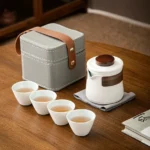 full set open view of portable 10.1oz ceramic travel tea set with wood handle