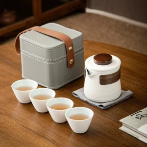 full set open view of portable 10.1oz ceramic travel tea set with wood handle