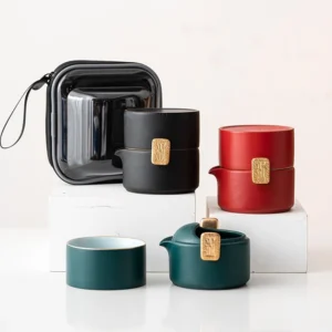 full set open view of portable ceramic travel tea set 1 teapot 1 cup with carrying case