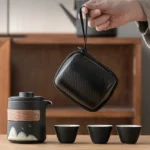 complete travel tea set with ceramic teapot three cups storage bag and tea towel