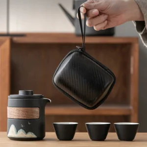 complete travel tea set with ceramic teapot three cups storage bag and tea towel