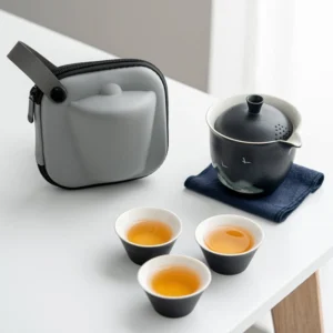Portable black ceramic travel tea set with 1 teapot 3 teacups and protective carry case full set view