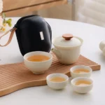 portable handcrafted ceramic kung fu travel tea set full view with carry bag