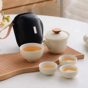 portable handcrafted ceramic kung fu travel tea set full view with carry bag