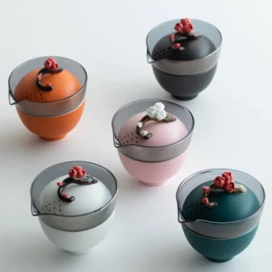 complete portable ceramic travel tea set with plum blossom knob and carry bag opened
